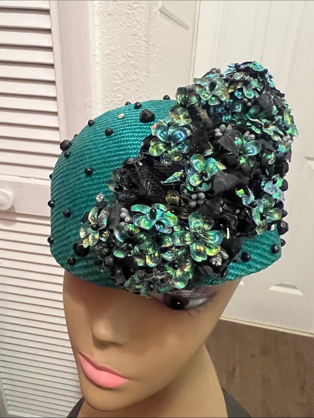 Teal Sequin Flower Pillbox Hat with Black Bead Accents